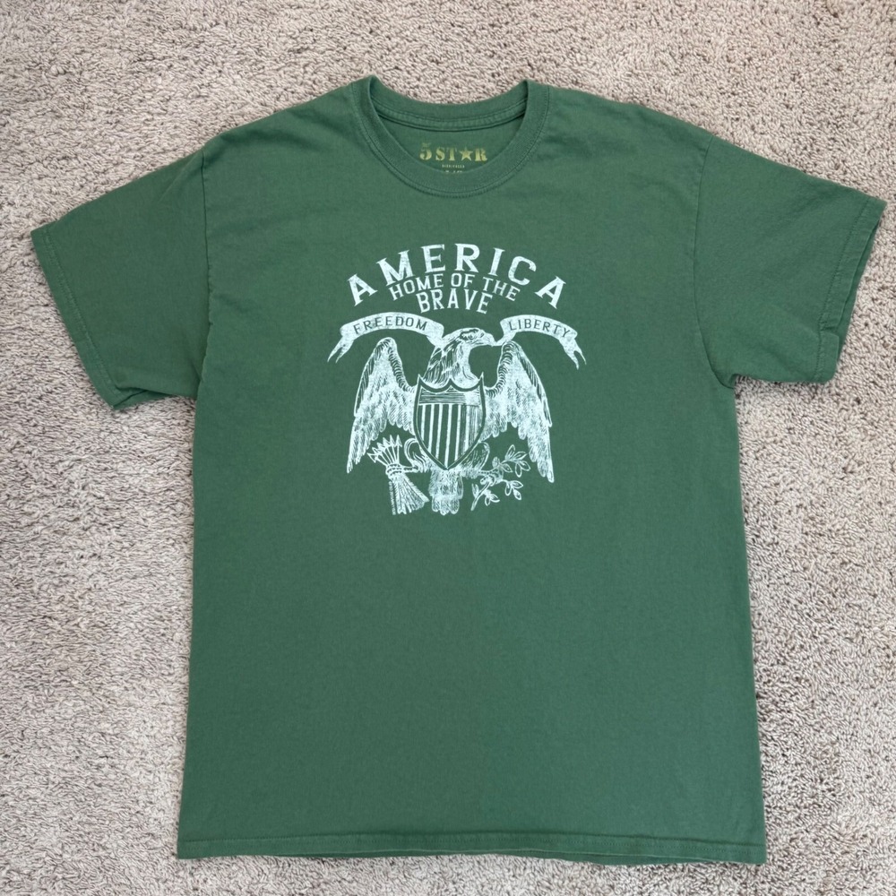 America Home of the Brave T-Shirt Sz L Green Eagle Graphic Print Patriotic 5STAR